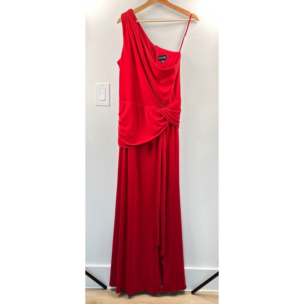 XSCAPE Women Gown Nara One Shoulder Ruched Twist Front Red Sz 12 Grecian Goddess - Picture 4 of 13